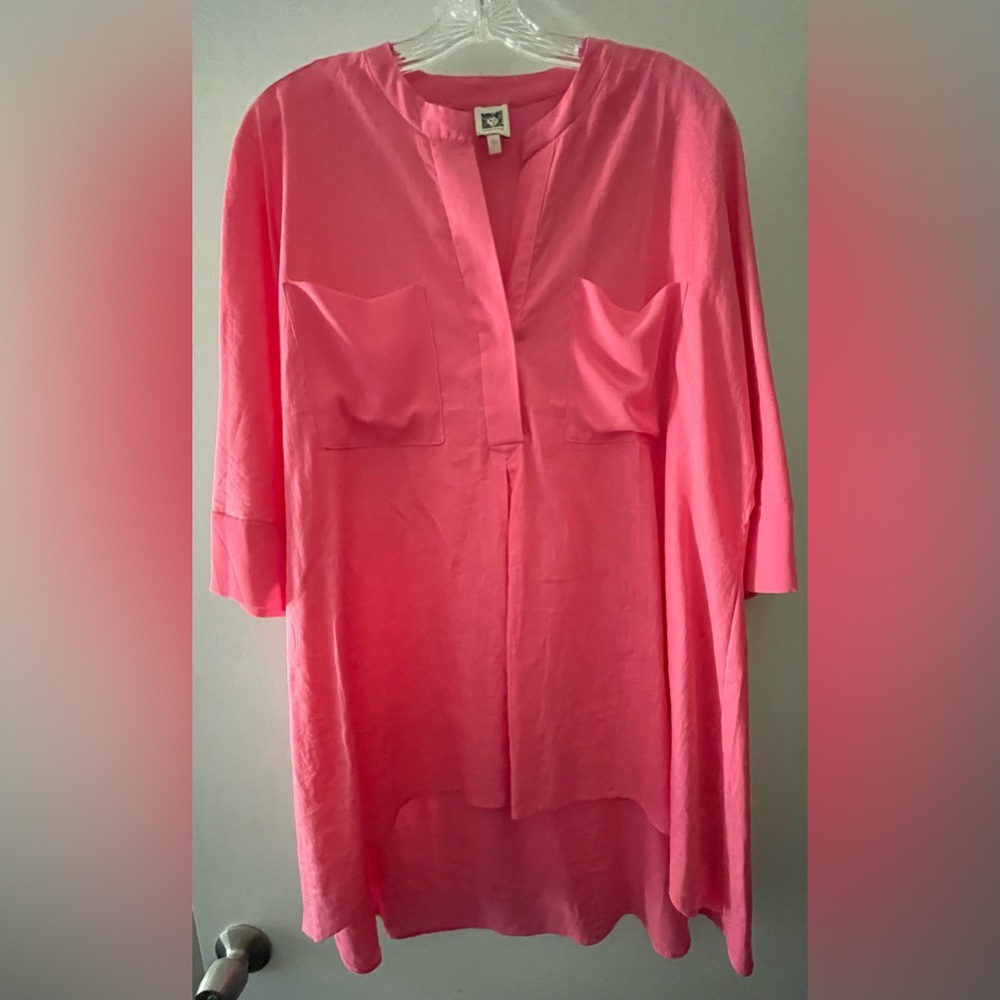 LIZ CLAIBORNE LINEN & CHIFON HI-LO TUNIC TOP IN FUSCIA PINK & LADIES SIZE LARGE